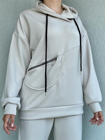 Yumuşak Doku Fermuar Detaylı Sweat (Bej)