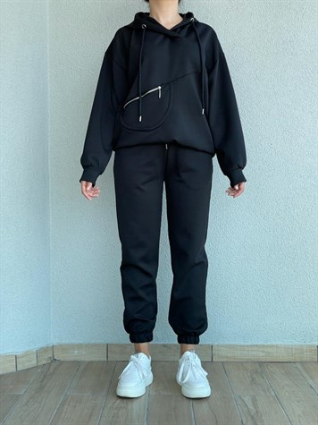Yumuşak Doku Fermuar Detaylı Sweat (Siyah)