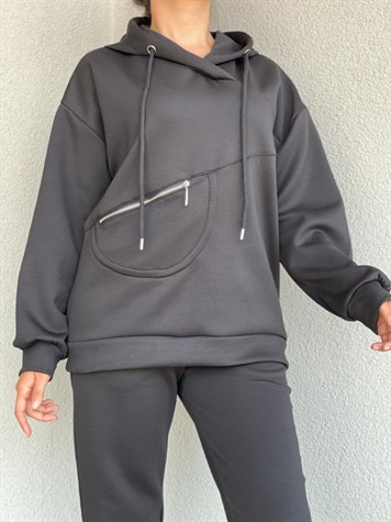 Yumuşak Doku Fermuar Detaylı Sweat (Siyah)