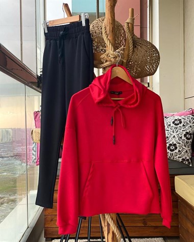 Yumuşak Dokulu Kapşonlu Esnek Sweatshirt (KIRMIZI)