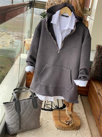 Yumuşak Nubuk Kumaş Önden Cepli Sweatshirt (FÜME)