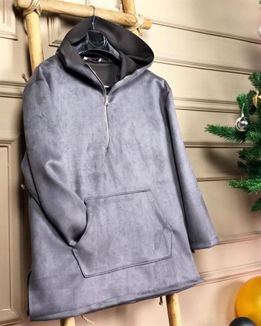 Yumuşak Nubuk Kumaş Önden Cepli Sweatshirt (FÜME)