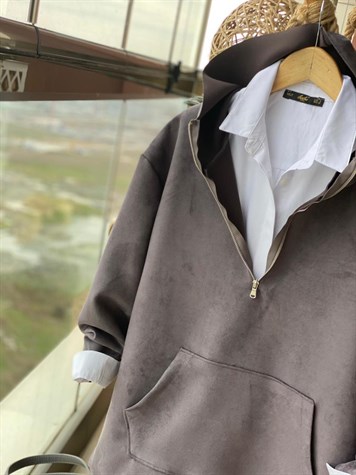 Yumuşak Nubuk Kumaş Önden Cepli Sweatshirt (FÜME)