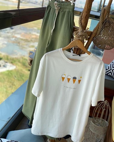 Yuvarlak Yaka Dondurma Baskılı Salaş Tshirt