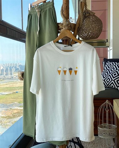 Yuvarlak Yaka Dondurma Baskılı Salaş Tshirt