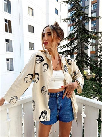 Yüz Figürlü Natural Kumaş Lüx Pamuk Kumaş Tasarım Ceket