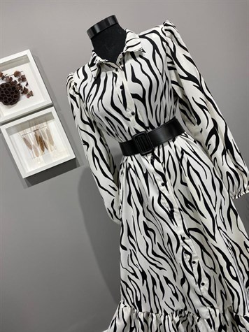 Zebra Desen Altı Fırfırlı Gömlek Elbise