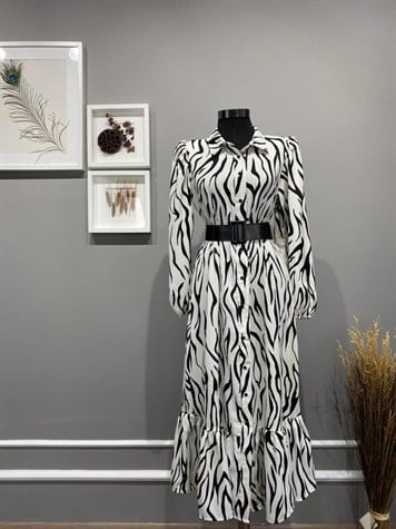 Zebra Desen Altı Fırfırlı Gömlek Elbise