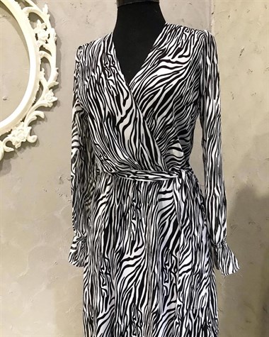Zebra Desen Kruvaze Yaka Şifon Kumaş Elbise (SİYAH)