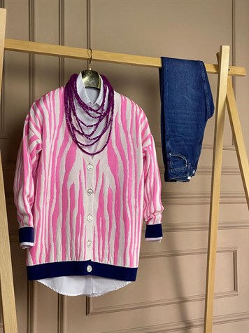 Zebra Desen Oversize Hırka (Pembe)