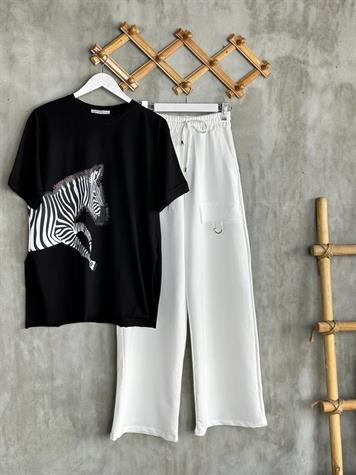 Zebra Desen Taş İşlemeli Yanı Yırtmaçlı Tunik Tişört (Siyah)