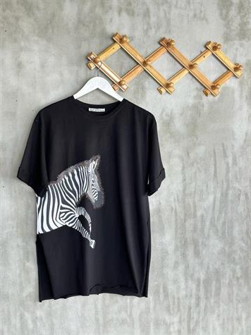 Zebra Desen Taş İşlemeli Yanı Yırtmaçlı Tunik Tişört (Siyah)