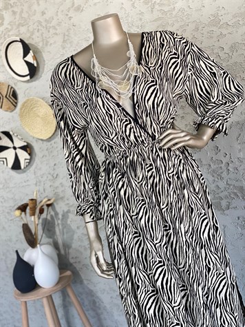 Zebra Desenli Özel Tasarım V Yaka Elbise