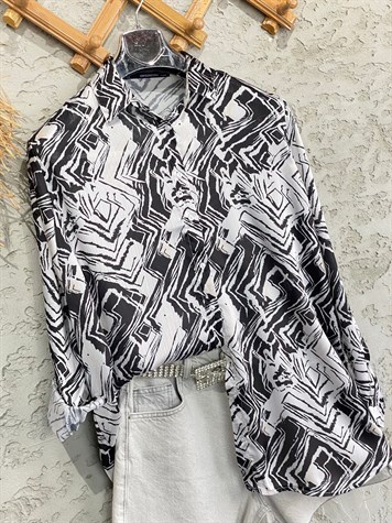 Zigzag Desenli Saten Gömlek (Siyah)