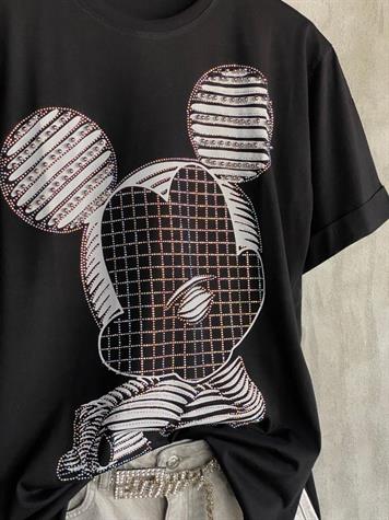 Zımba Boncuk İşlemeli Mickey Mouse Tişört (Siyah)