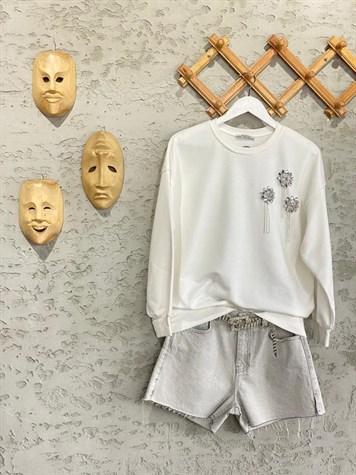 Zincir Salkımlı Kristal Taşlı Sweat (Ekru)
