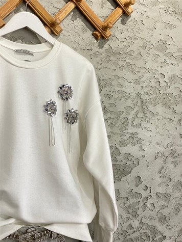 Zincir Salkımlı Kristal Taşlı Sweat (Ekru)