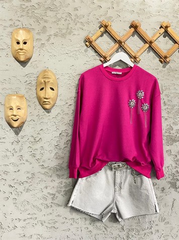 Zincir Salkımlı Kristal Taşlı Sweat (Fuşya)