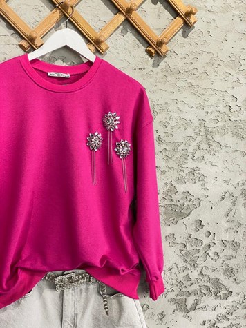 Zincir Salkımlı Kristal Taşlı Sweat (Fuşya)