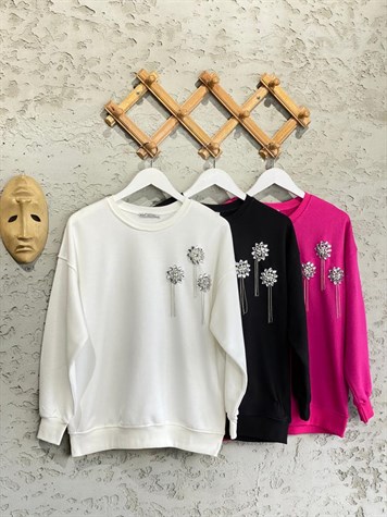 Zincir Salkımlı Kristal Taşlı Sweat (Siyah)