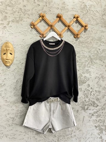 Zirkon Taşlı Zincir Kolyeli Sweat (Siyah)