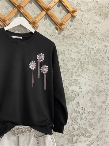 Zincir Salkımlı Kristal Taşlı Sweat (Siyah)