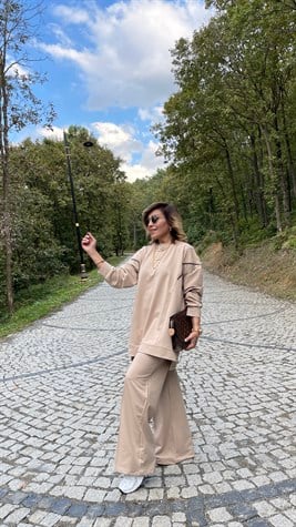 Zincirli Sweat Ve Bol Paça Pantolon İkili Takım (Vizon)