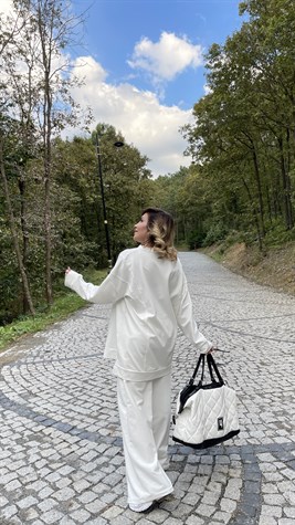 Zincirli Sweat Ve Bol Paça Pantolon İkili Takım (Beyaz)