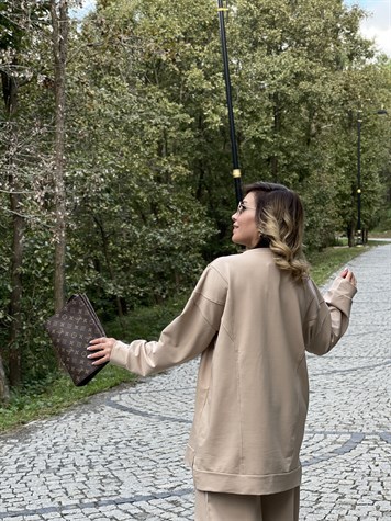 Zincirli Sweat Ve Bol Paça Pantolon İkili Takım (Vizon)