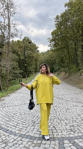 Zincirli Sweat Ve Bol Paça Pantolon İkili Takım (Yağ Yeşil)