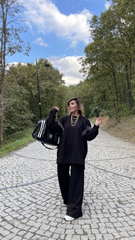 Zincirli Sweat Ve Bol Paça Pantolon İkili Takım (Siyah)