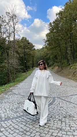 Zincirli Sweat Ve Bol Paça Pantolon İkili Takım (Beyaz)