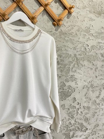 Zirkon Taşlı Zincir Kolyeli Sweat (Ekru)