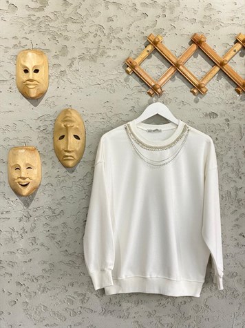 Zirkon Taşlı Zincir Kolyeli Sweat (Ekru)