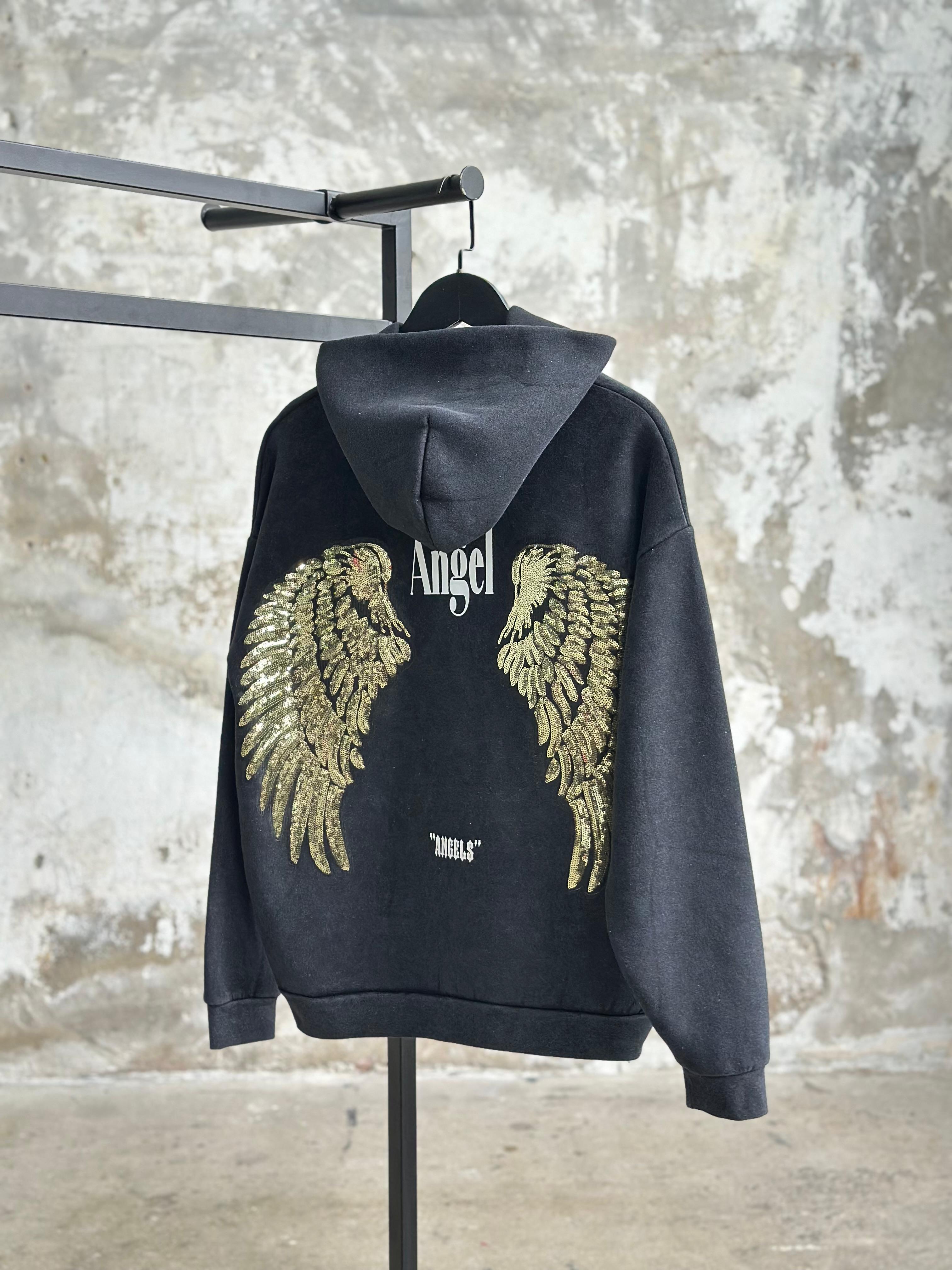 Angel Yazı Baskılı Sırtı Pul Payet İşçilikli Taş Yıkama Sweat (Antrasit)