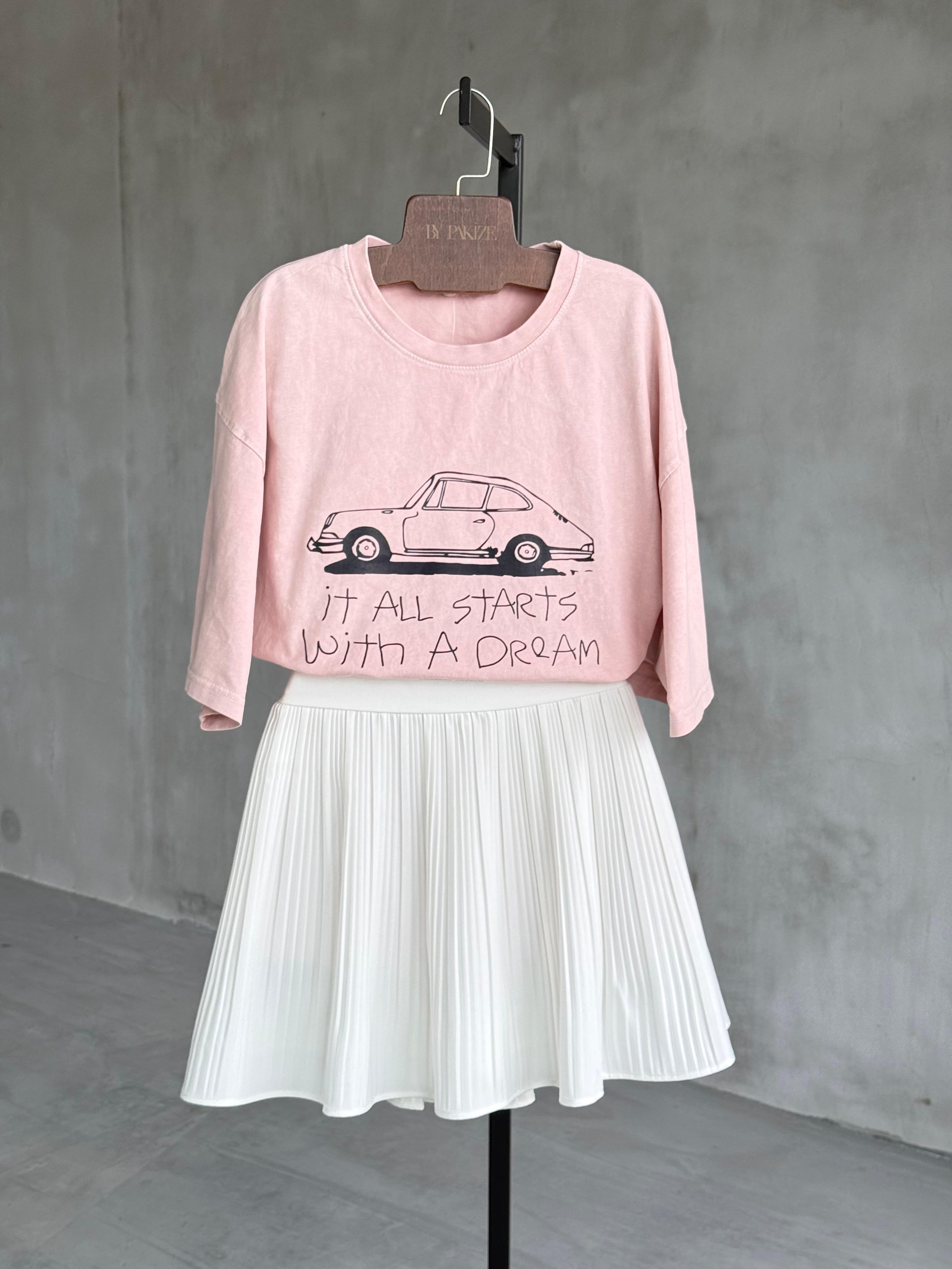 Araba Baskılı Taş Yıkamalı Oversize Dokuma Tişört (Pudra)