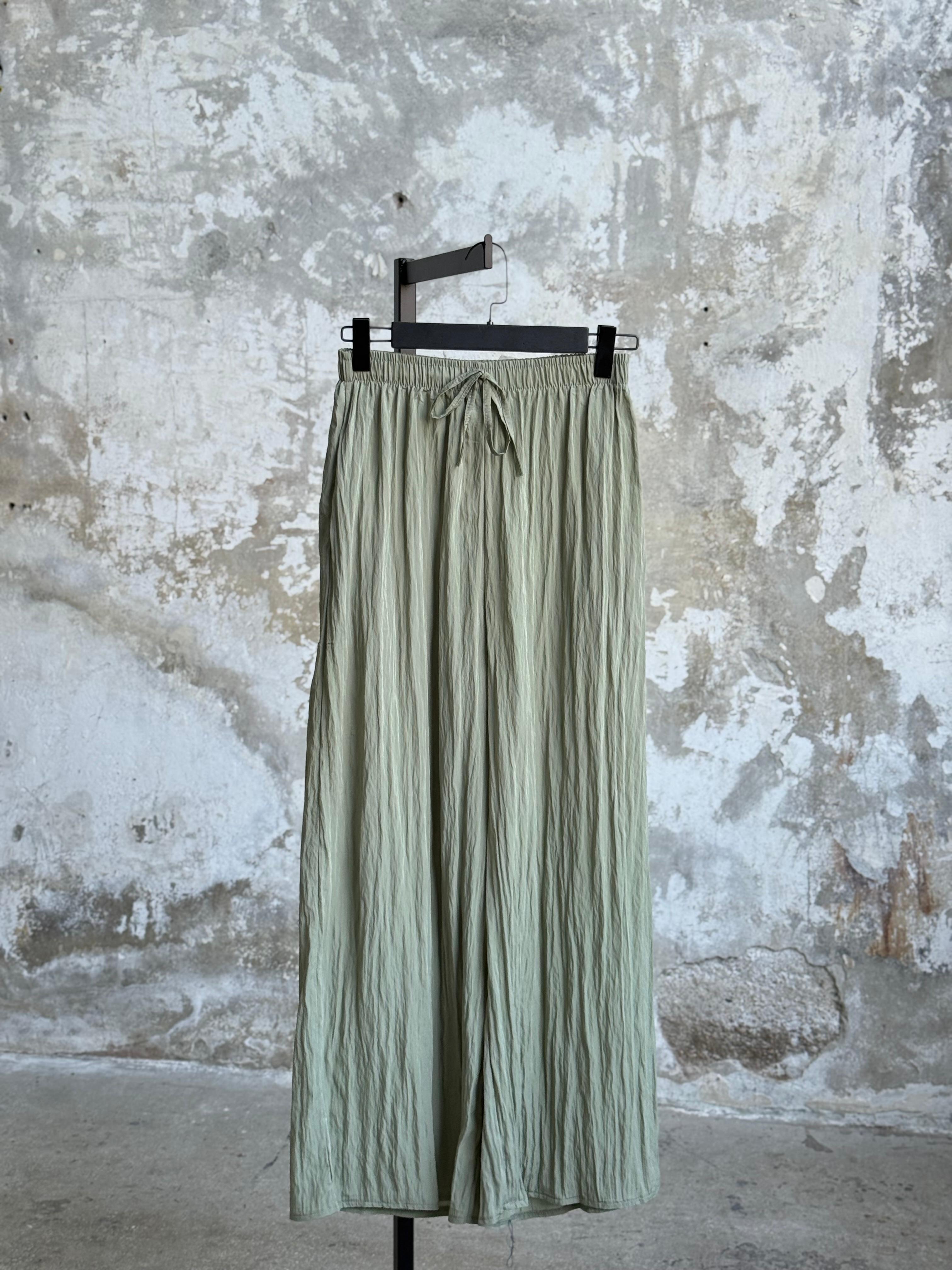 Belden Bağlama Detaylı Kırışık Pantolon (Haki)
