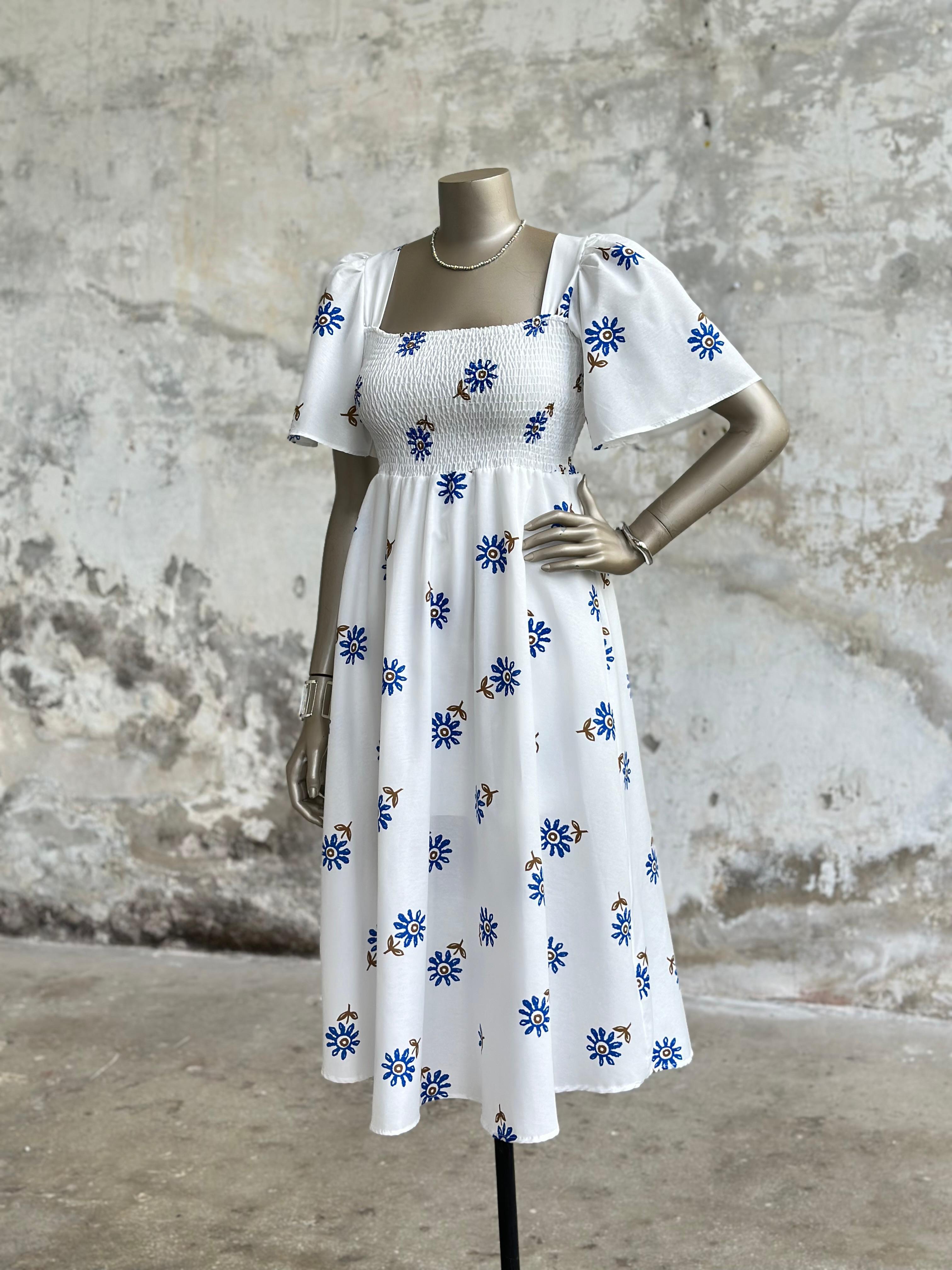 Belden Gipeli Çiçek Desenli Elbise (Beyaz)