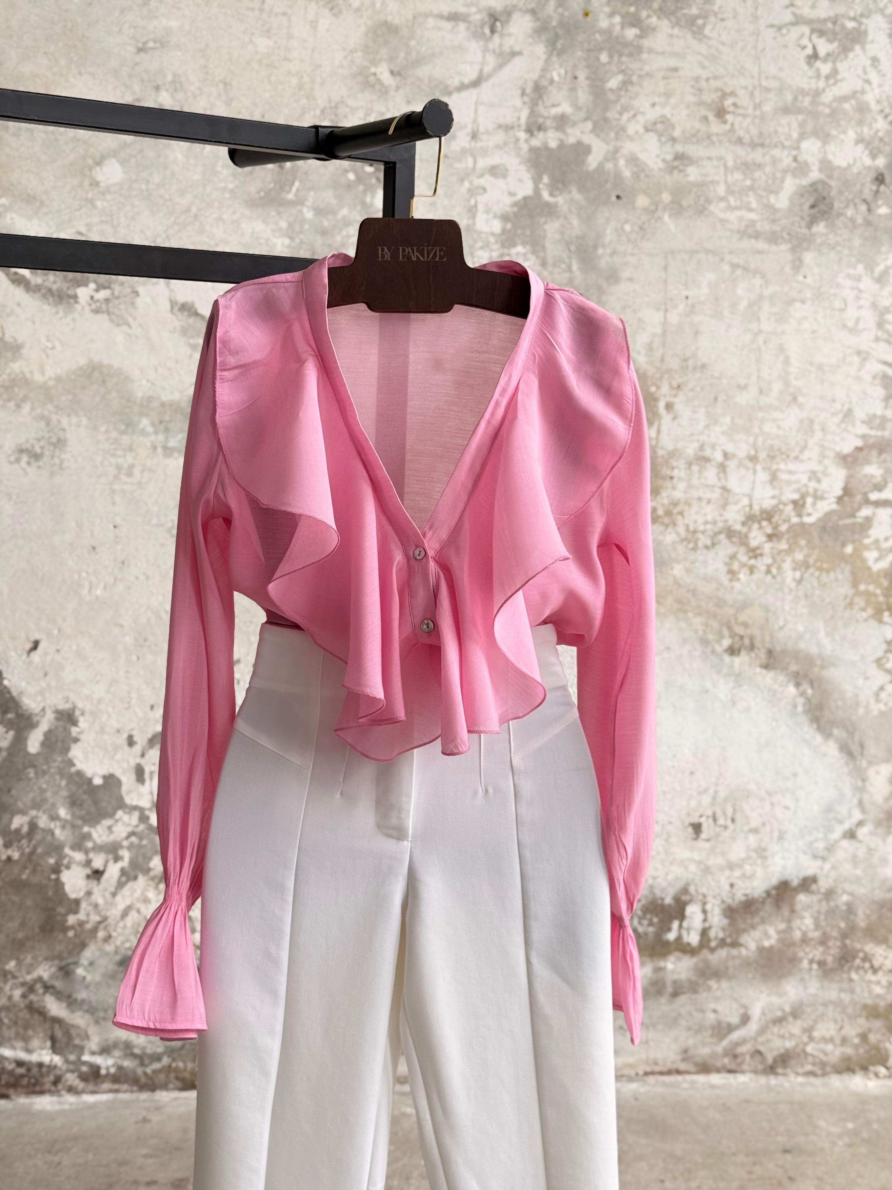 Bilek Büzgü Detaylı Fırfırlı Gömlek (Pembe)