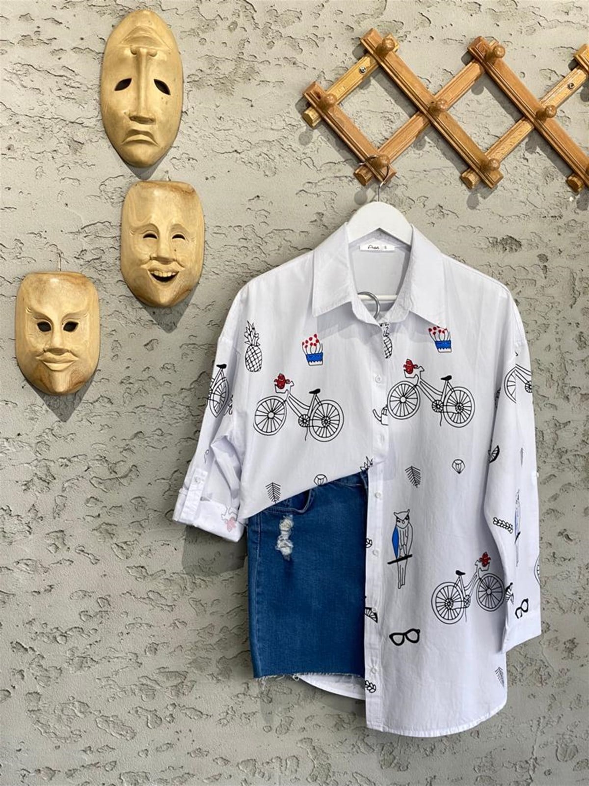 Bisiklet Desen Baskılı Poplin Gömlek 