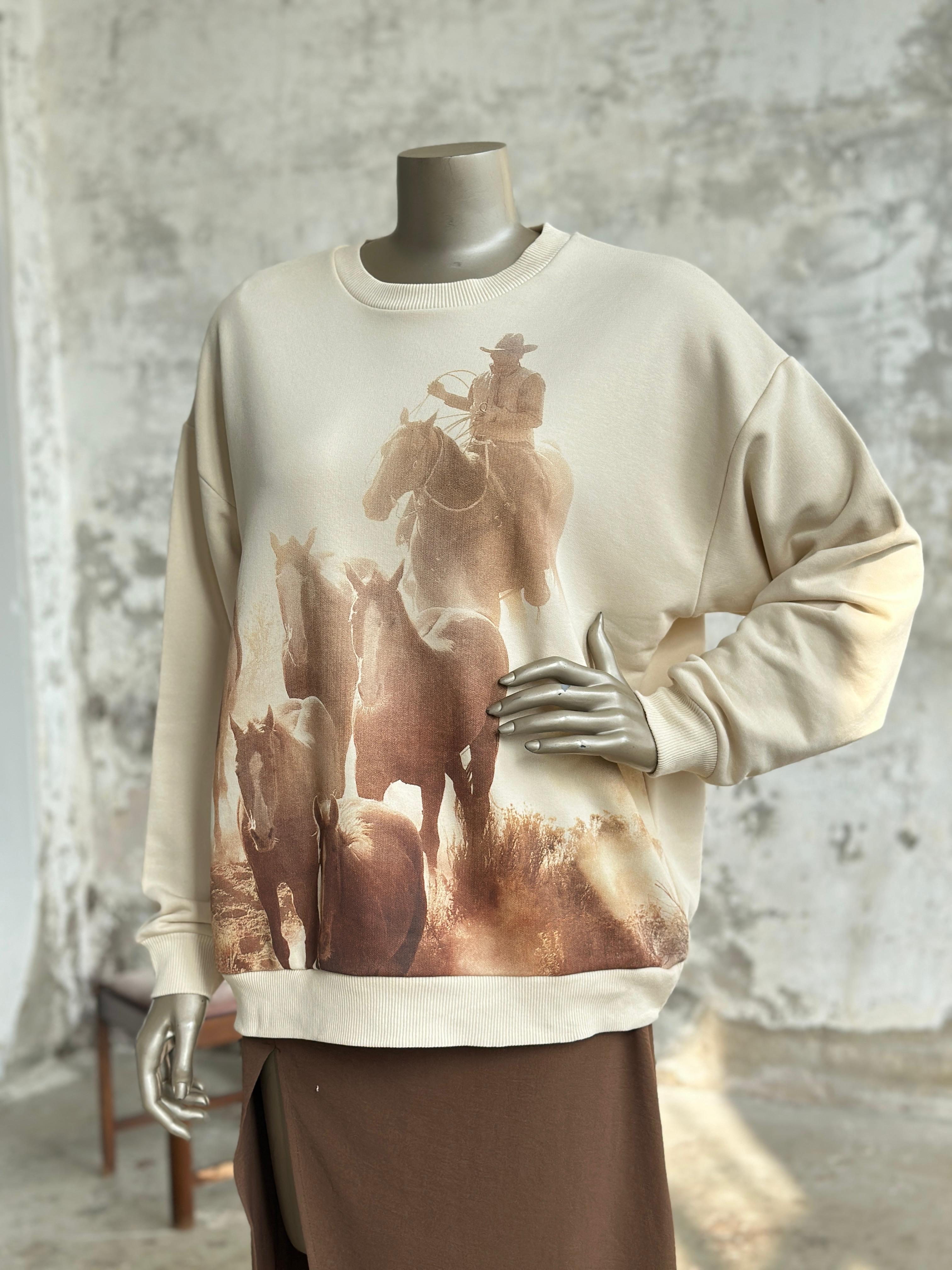 Bisiklet Yaka At Baskılı Sweat (Bej)