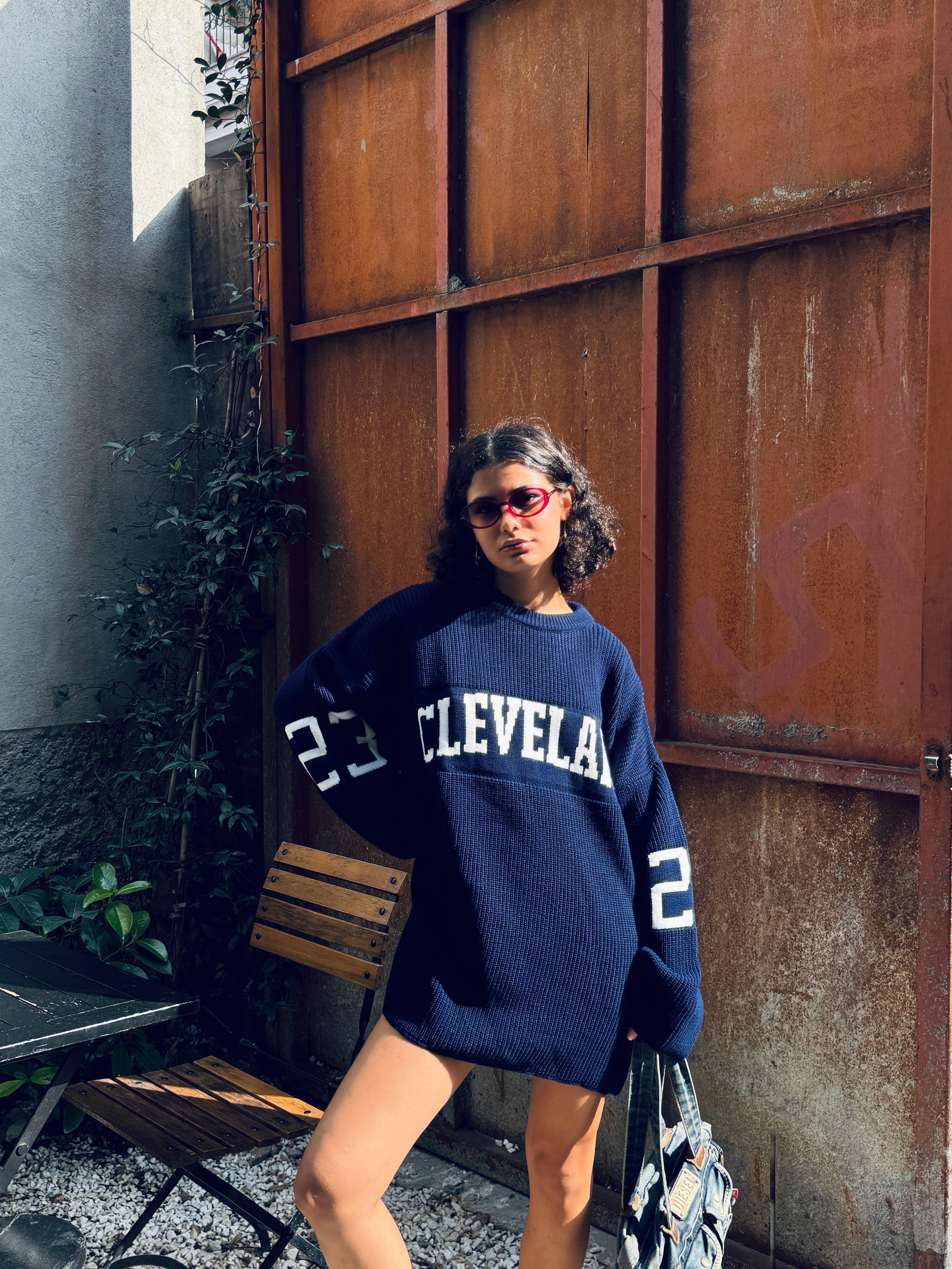 Bisiklet Yaka Yazı Baskı Detaylı Oversize Kazak (Lacivert)