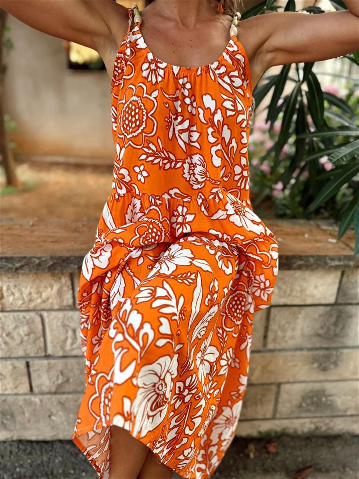 Boncuk İp Askılı Çiçekli Elbise (Oranj)