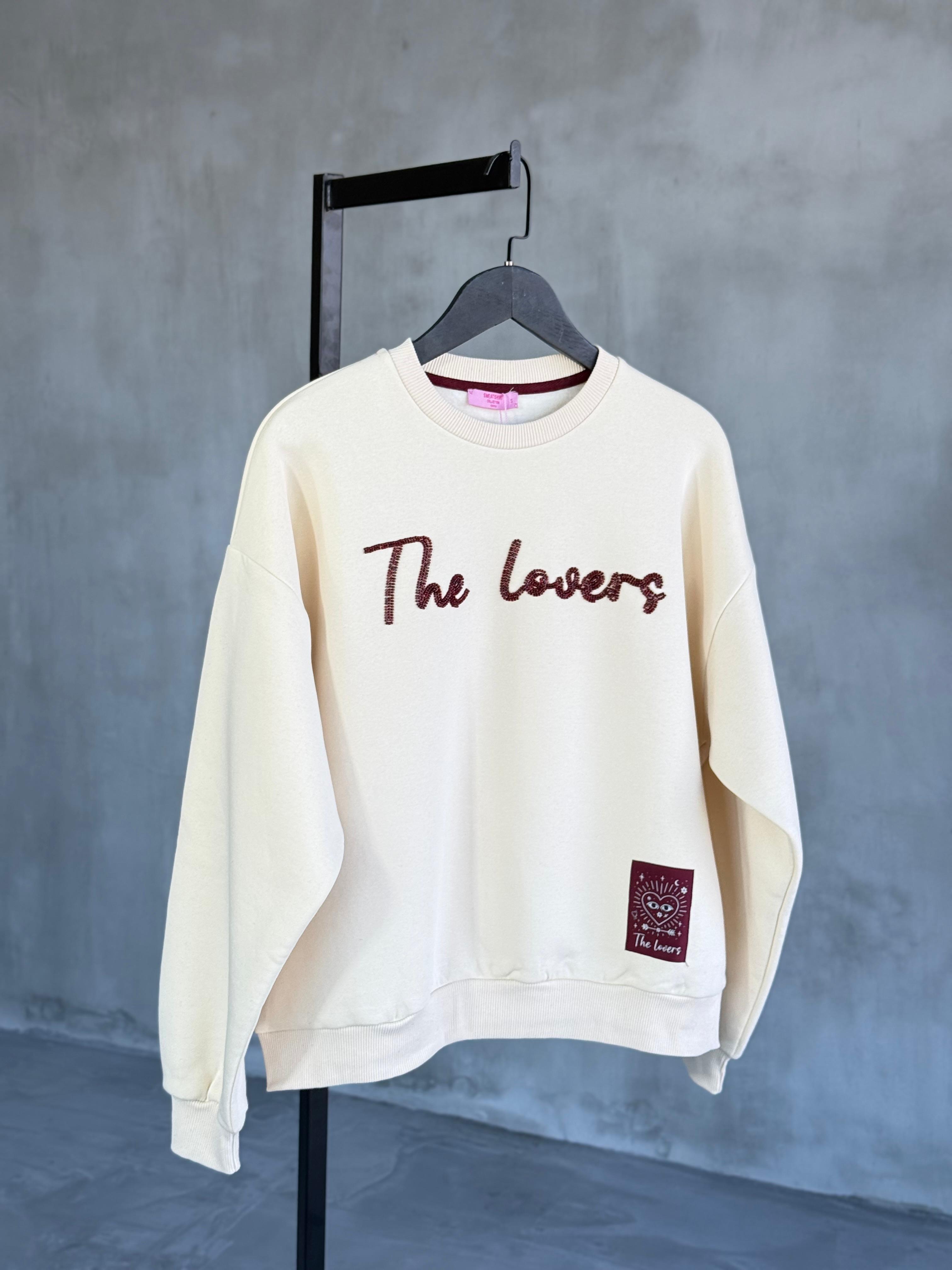 Boncuk Nakışlı Oversize Sweatshirt (Bej)