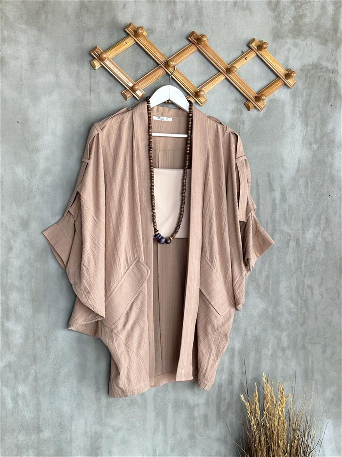 Bürümcük Kumaş Kol Detaylı Kimono (Camel)