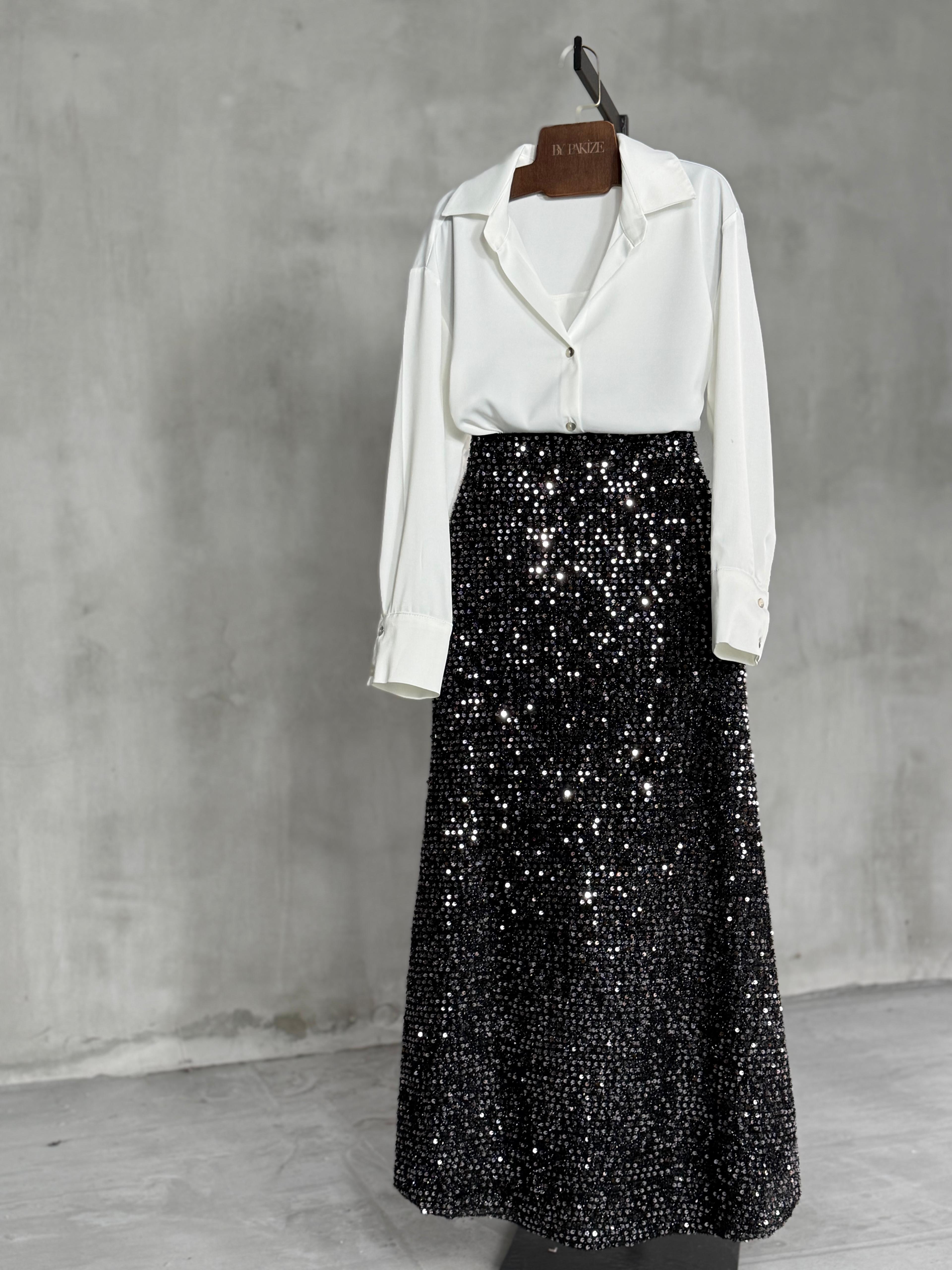 Büyük Pul Payetli Maxi Boy (Siyah)