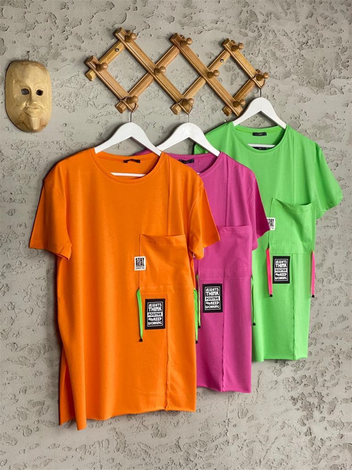 Cep Detaylı Neon Renkli Tunik Tshirt