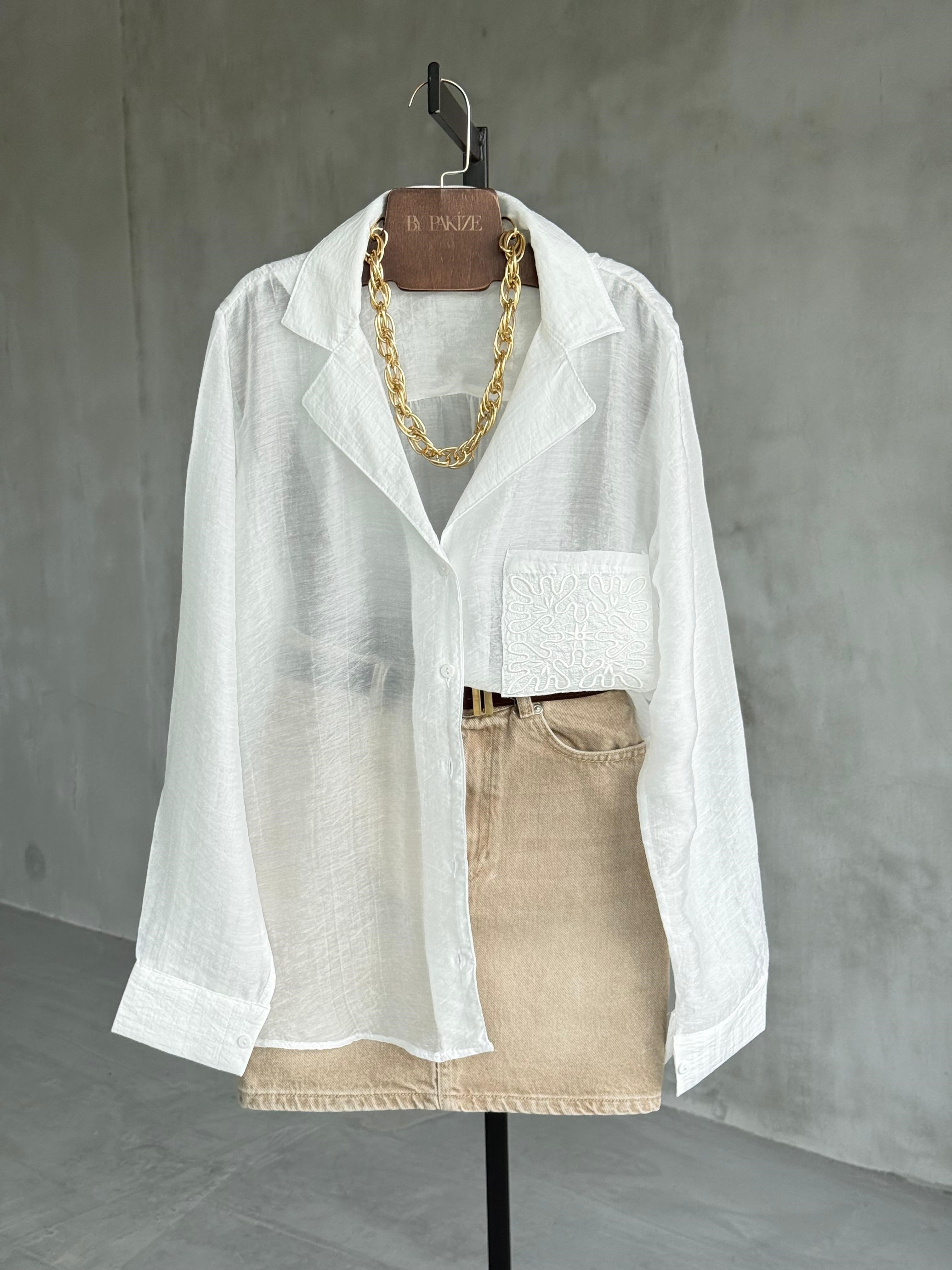 Cep Nakış Detaylı Transparan Gömlek (Beyaz)