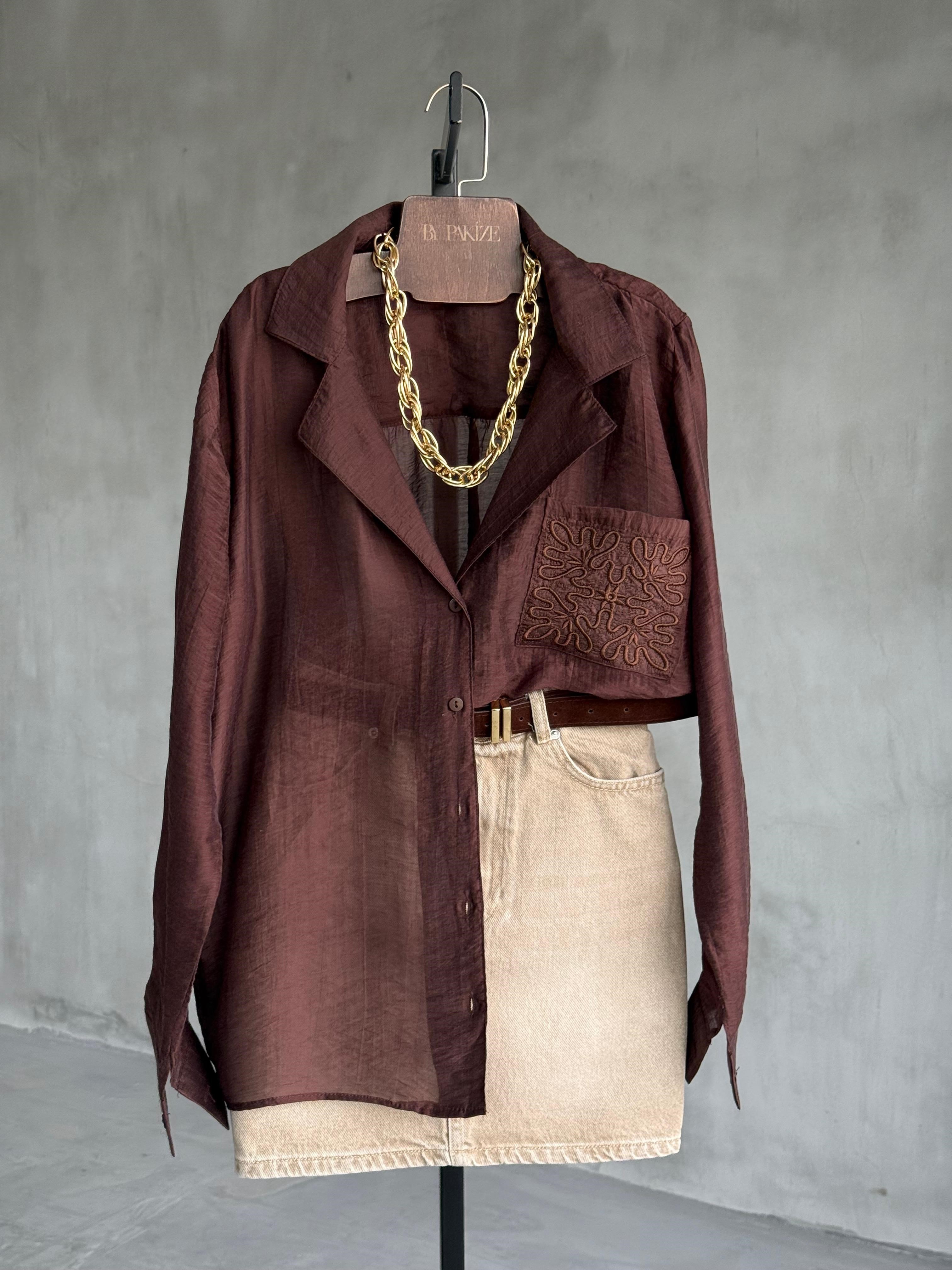 Cep Nakış Detaylı Transparan Gömlek (Kahve)