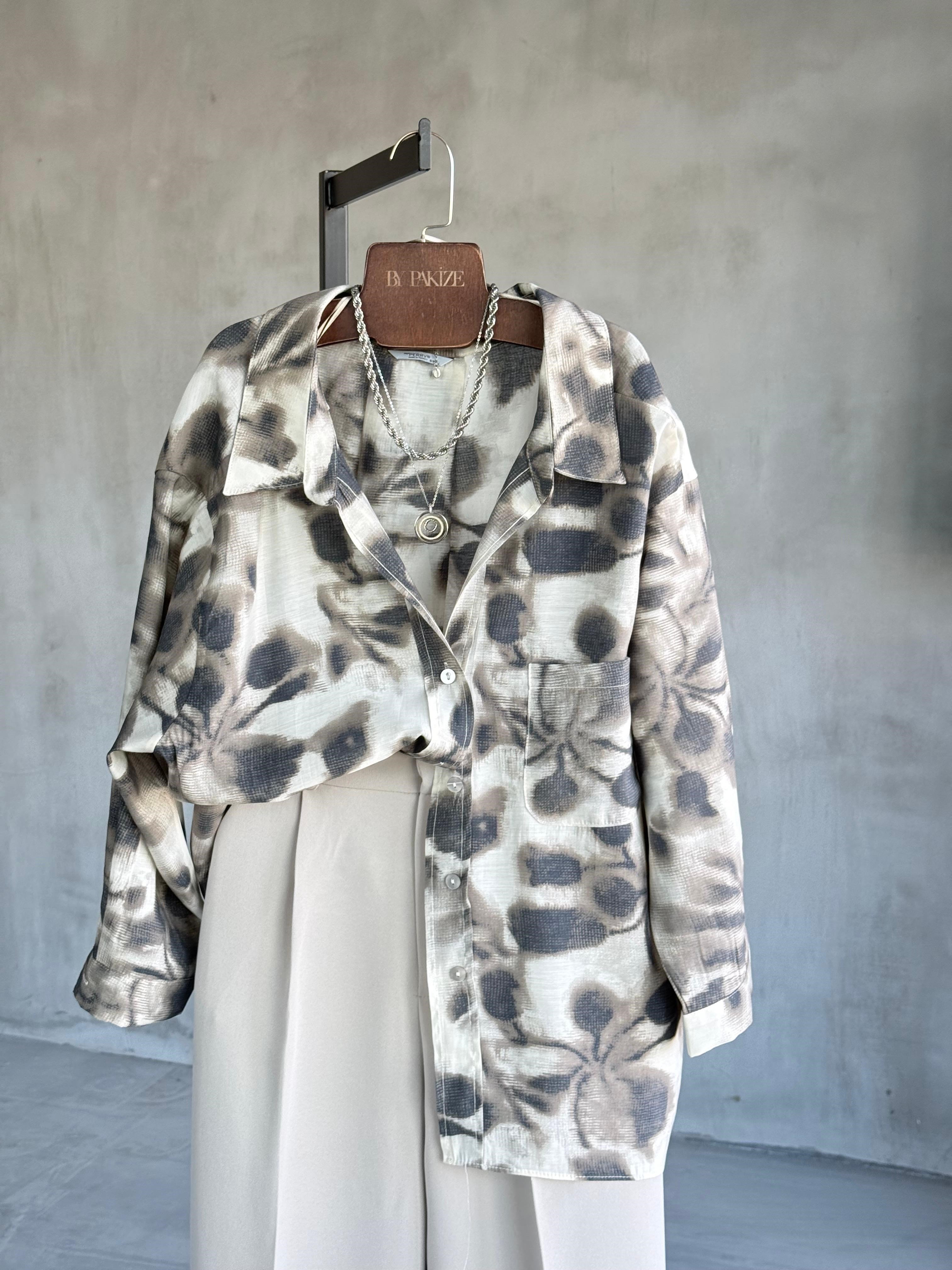 Çiçek Desenli Düşük Omuzlu Oversize Gömlek (Vizon)